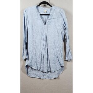 LL Bean Shirt Womens Medium Blue Linen Tunic‎ Long Sleeve Split Neck Lightweight